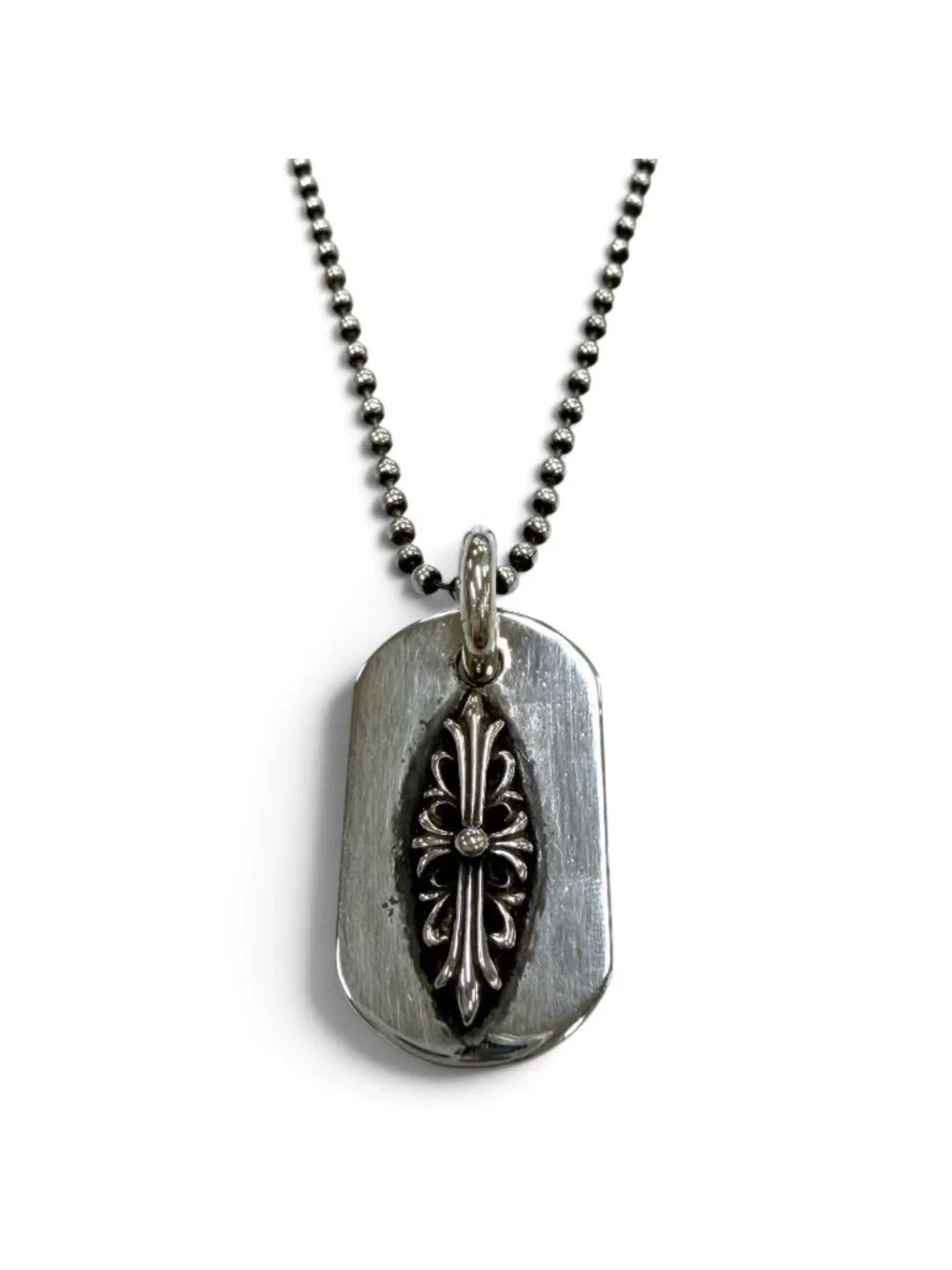 Chrome Hearts Raised Dogtag Dog Tag Floral Cross 925 Ball Chain Necklace